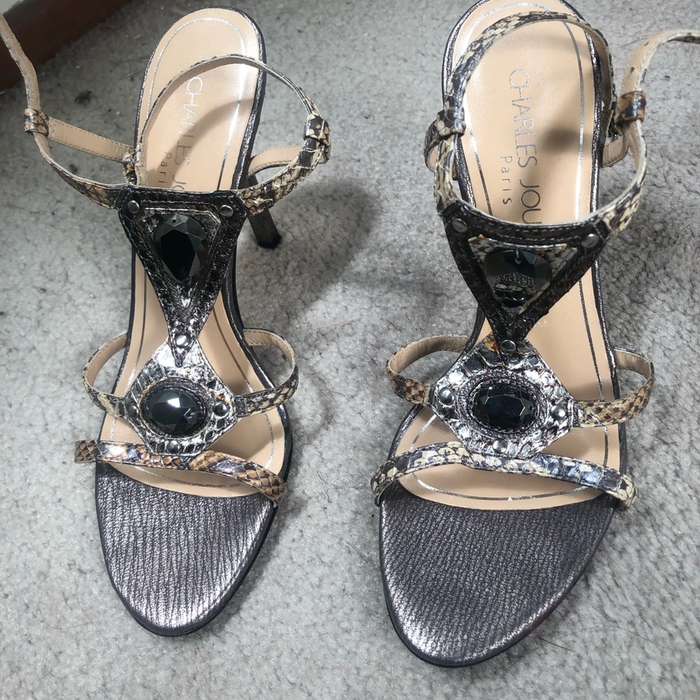 Charles Jourdan silver shoes with gem stone
